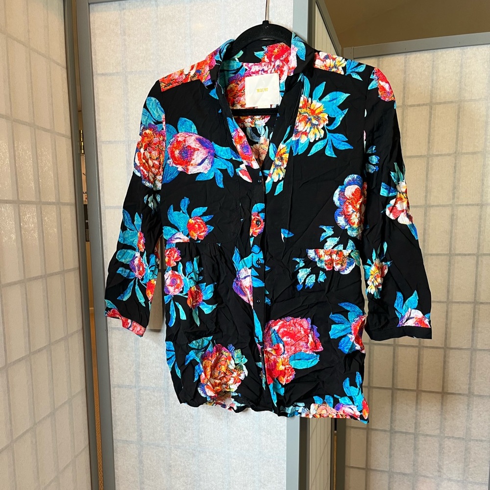 Anthropologie Maeve 100% rayon black floral blouse